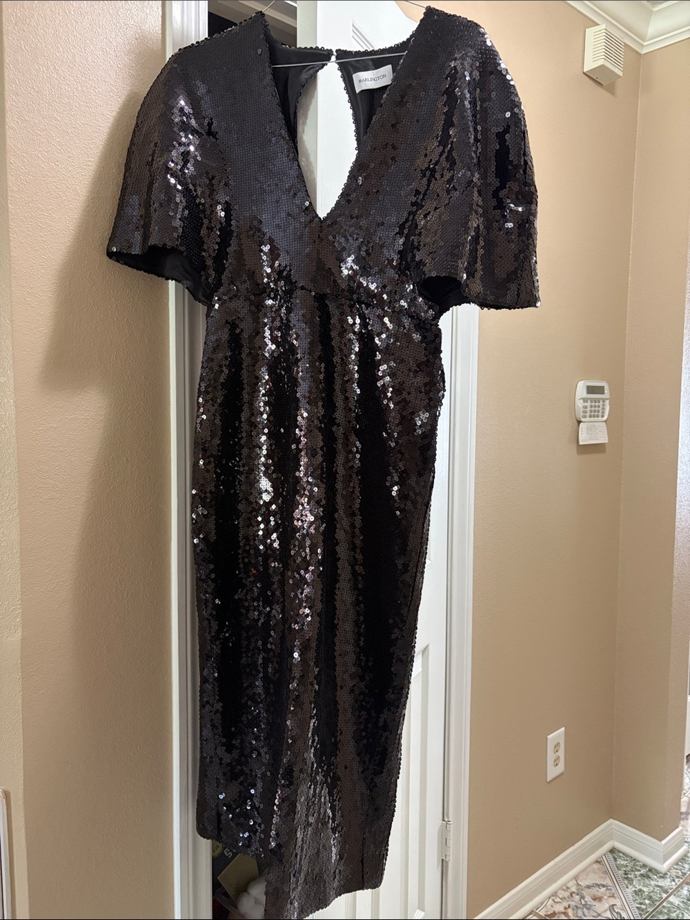16Arlington Sequin V-Neck Black Midi Dress by Unknown Brand
